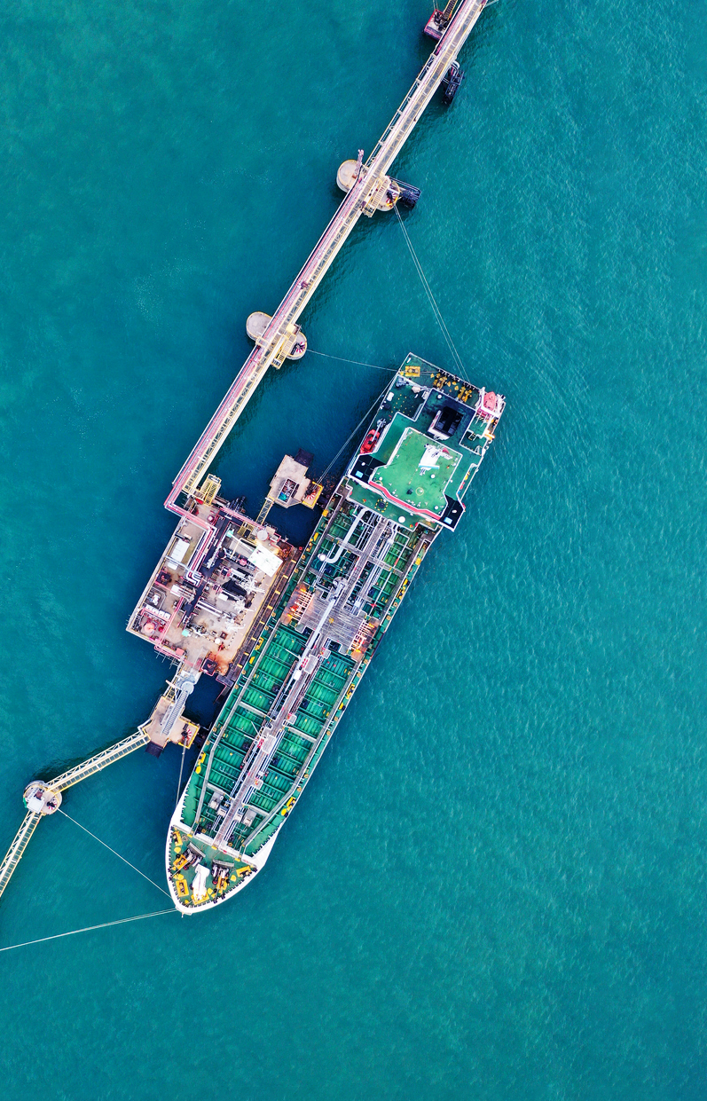 Aerial view of a vessel at port